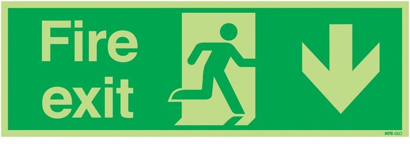 450mm x 150mm Fire Exit (Arrow Down) Photoluminescent Signs